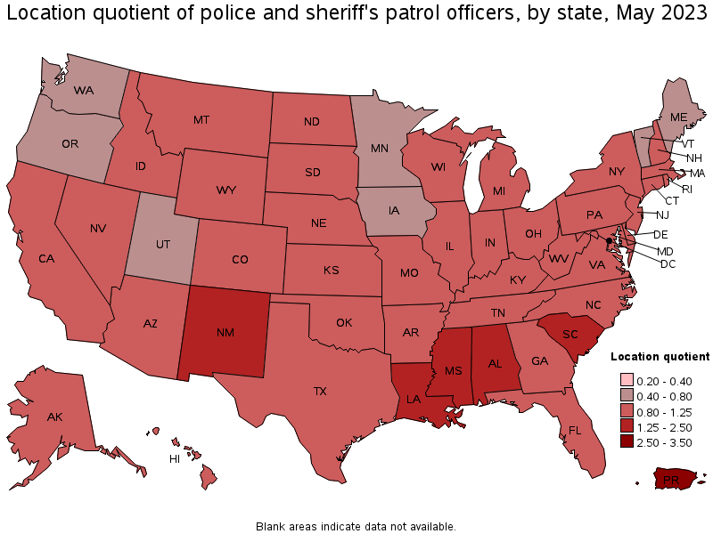 Map of location quotient of police and sheriff's patrol officers by state, May 2021