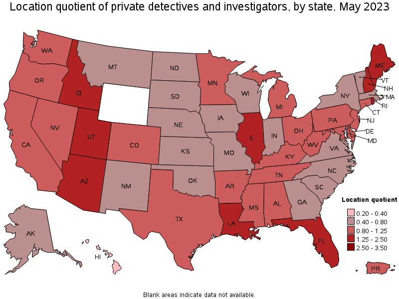 Map of location quotient of private detectives and investigators by state, May 2022