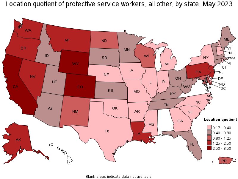 Map of location quotient of protective service workers, all other by state, May 2021