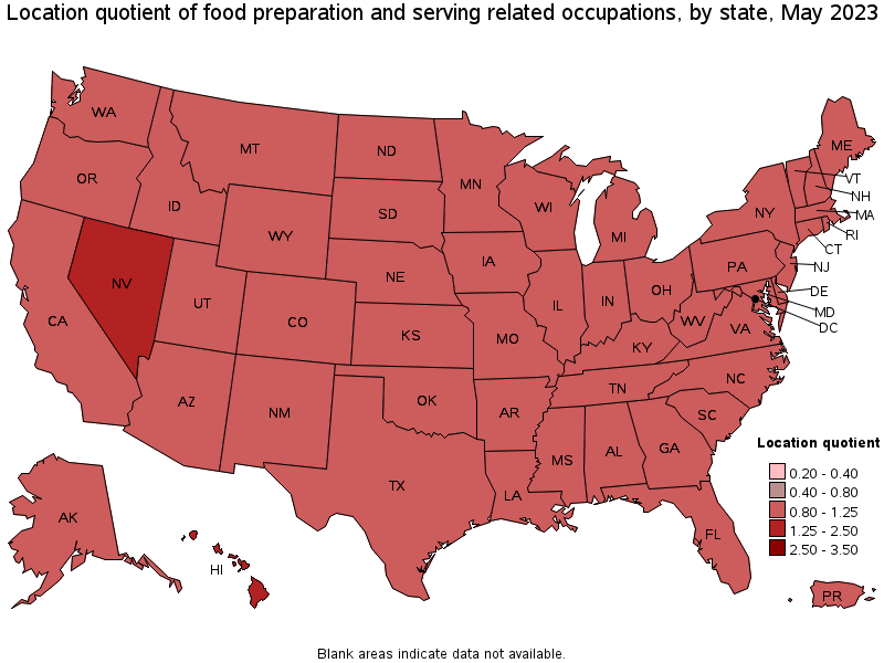 Map of location quotient of food preparation and serving related occupations by state, May 2022