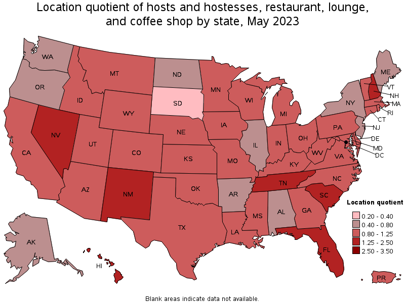 Map of location quotient of hosts and hostesses, restaurant, lounge, and coffee shop by state, May 2022