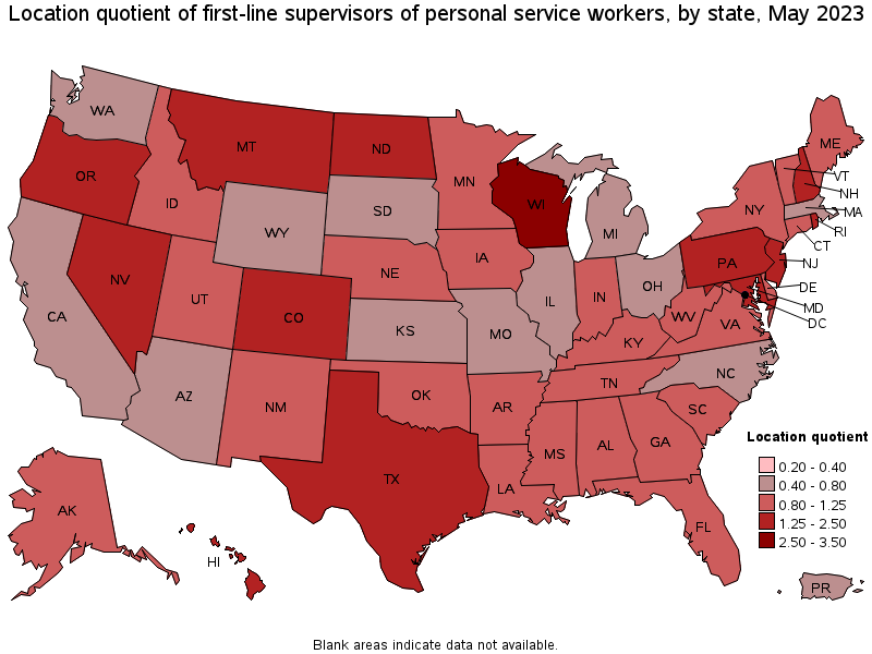 Map of location quotient of first-line supervisors of personal service workers by state, May 2022