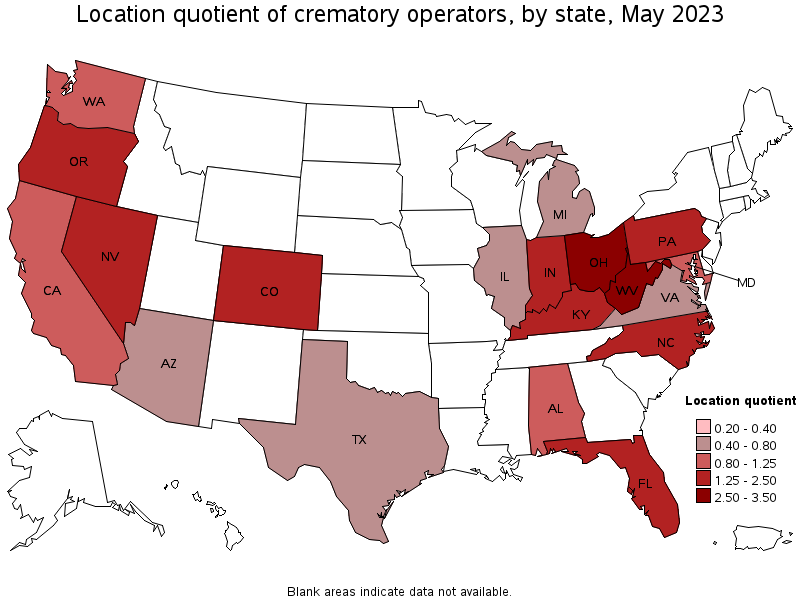 Map of location quotient of crematory operators by state, May 2021