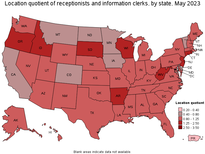 Map of location quotient of receptionists and information clerks by state, May 2022