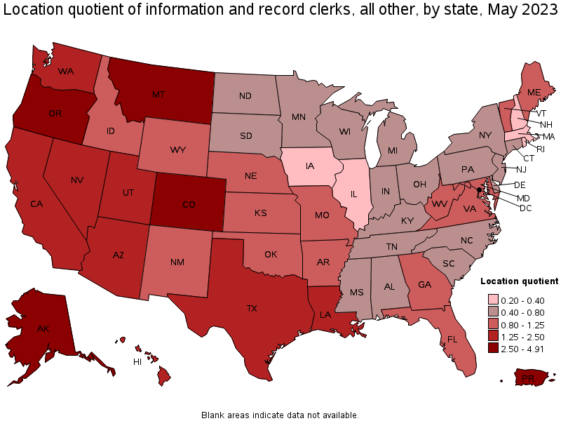 Map of location quotient of information and record clerks, all other by state, May 2022