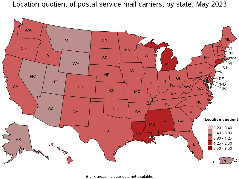 Map of location quotient of postal service mail carriers by state, May 2022