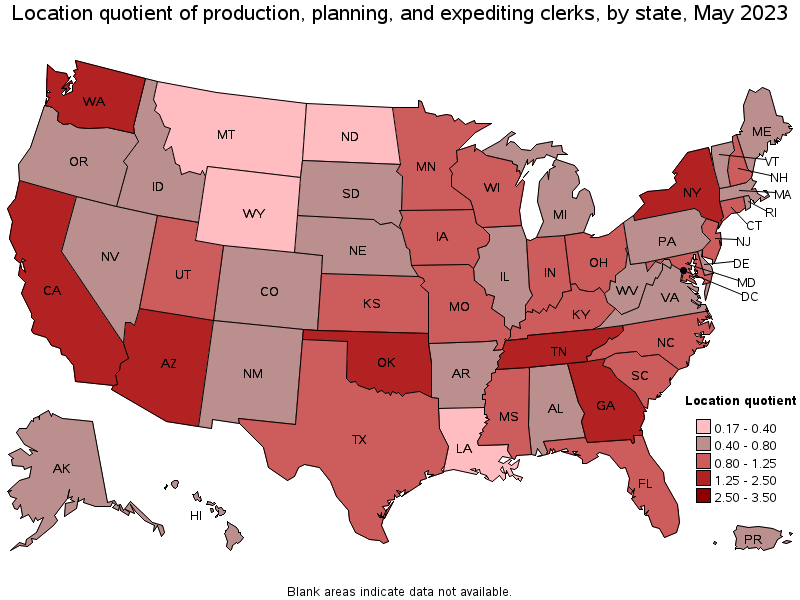 Map of location quotient of production, planning, and expediting clerks by state, May 2022