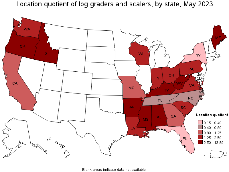 Map of location quotient of log graders and scalers by state, May 2021