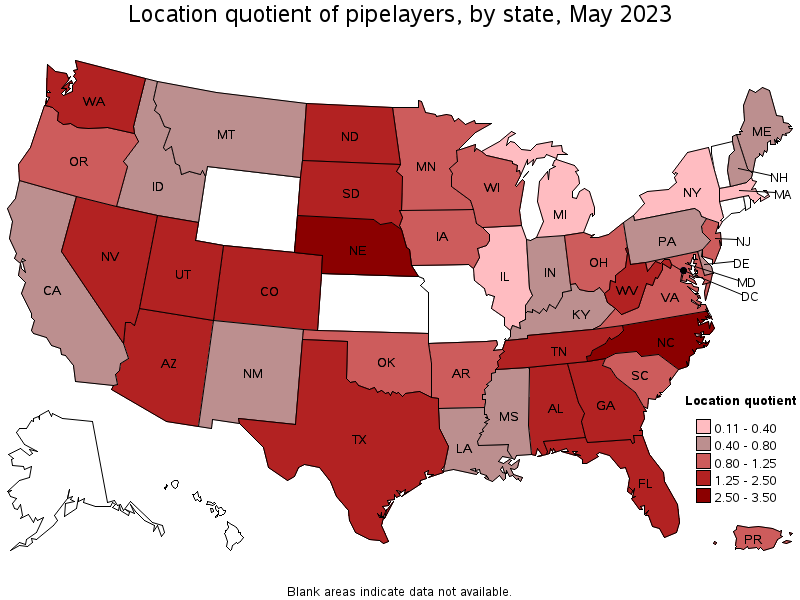 Map of location quotient of pipelayers by state, May 2022