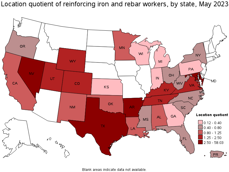 Map of location quotient of reinforcing iron and rebar workers by state, May 2022