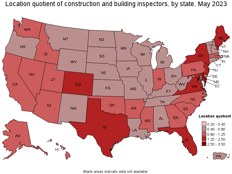 Map of location quotient of construction and building inspectors by state, May 2022