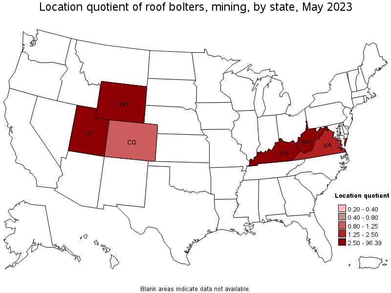 Map of location quotient of roof bolters, mining by state, May 2022