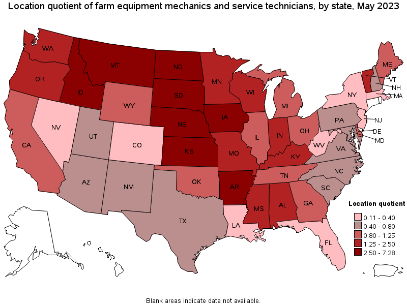 Map of location quotient of farm equipment mechanics and service technicians by state, May 2022