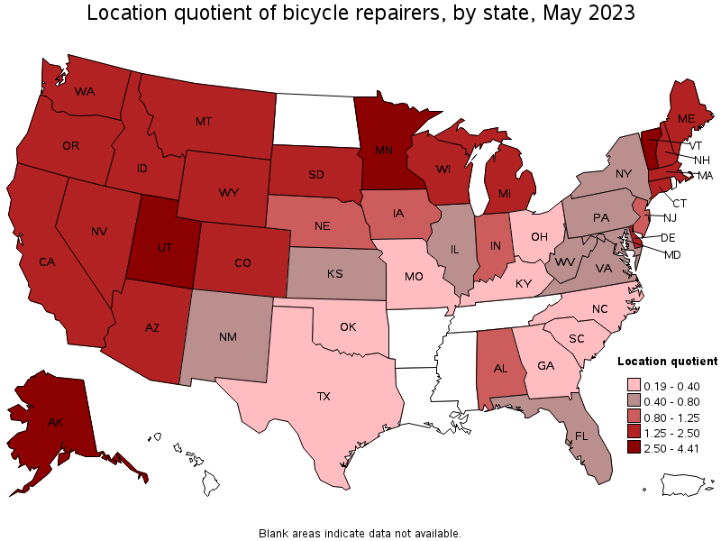 Map of location quotient of bicycle repairers by state, May 2022