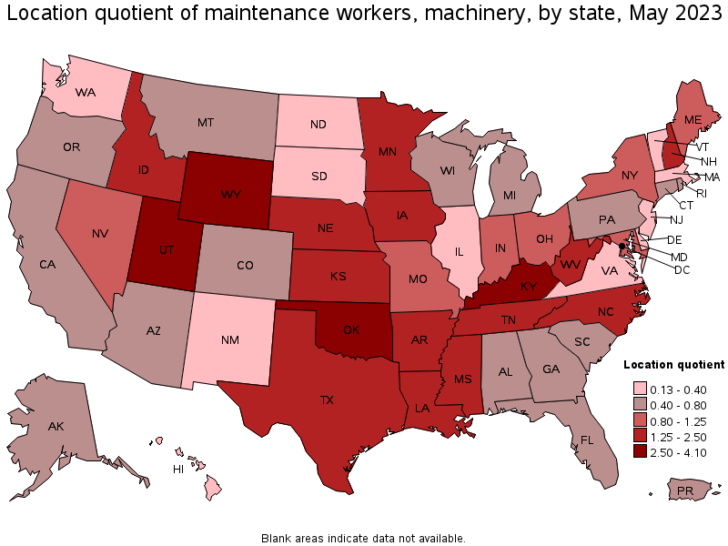 Map of location quotient of maintenance workers, machinery by state, May 2022
