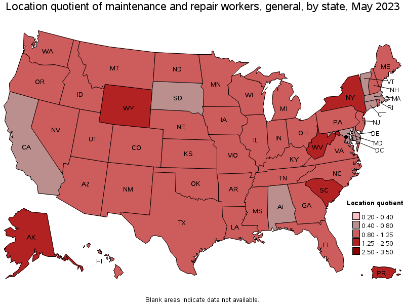 Map of location quotient of maintenance and repair workers, general by state, May 2022