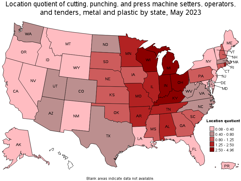 Map of location quotient of cutting, punching, and press machine setters, operators, and tenders, metal and plastic by state, May 2021