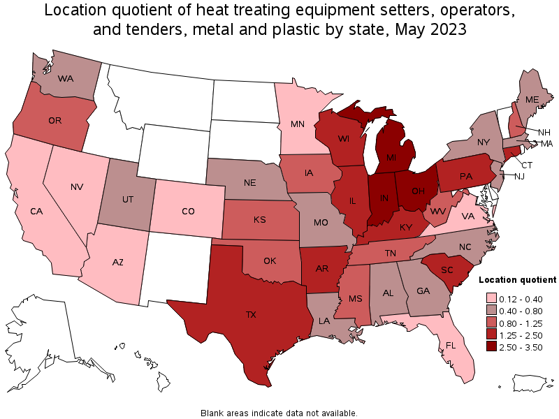 Map of location quotient of heat treating equipment setters, operators, and tenders, metal and plastic by state, May 2021
