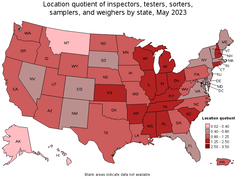 Map of location quotient of inspectors, testers, sorters, samplers, and weighers by state, May 2021