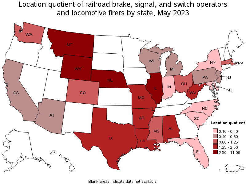 Map of location quotient of railroad brake, signal, and switch operators and locomotive firers by state, May 2022