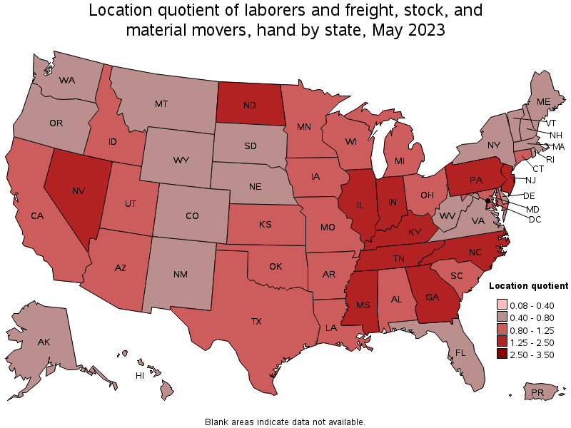 Map of location quotient of laborers and freight, stock, and material movers, hand by state, May 2022