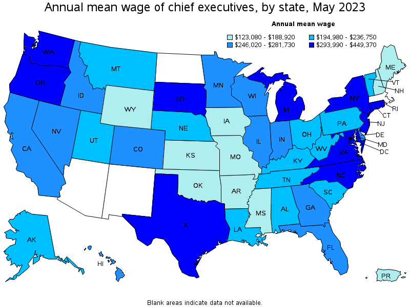 Map of annual mean wages of chief executives by state, May 2021
