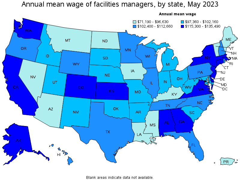 Map of annual mean wages of facilities managers by state, May 2021