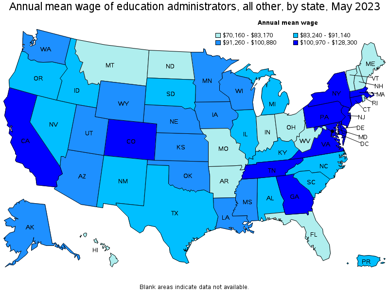 Map of annual mean wages of education administrators, all other by state, May 2021