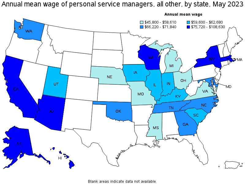 Map of annual mean wages of personal service managers, all other by state, May 2021