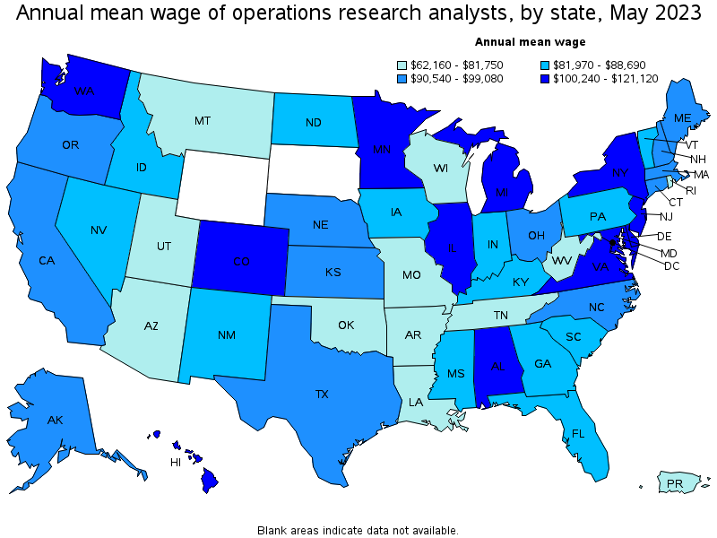 Map of annual mean wages of operations research analysts by state, May 2021