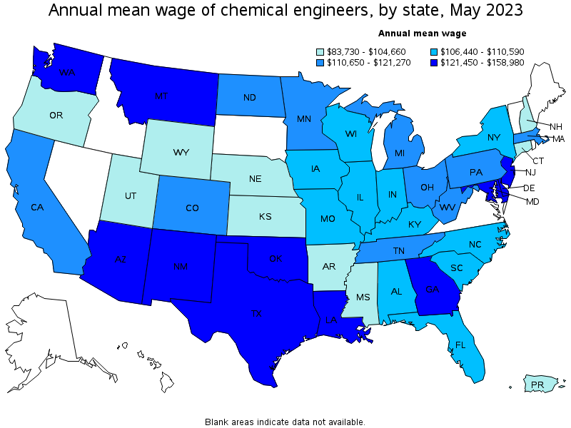 Map of annual mean wages of chemical engineers by state, May 2021