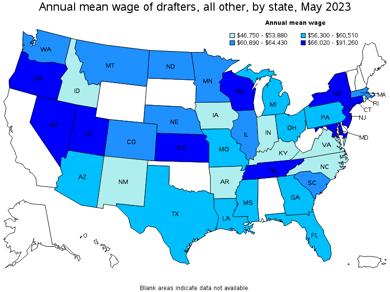 Map of annual mean wages of drafters, all other by state, May 2021
