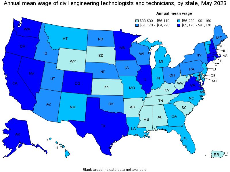 Map of annual mean wages of civil engineering technologists and technicians by state, May 2022