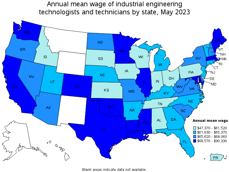 Map of annual mean wages of industrial engineering technologists and technicians by state, May 2022