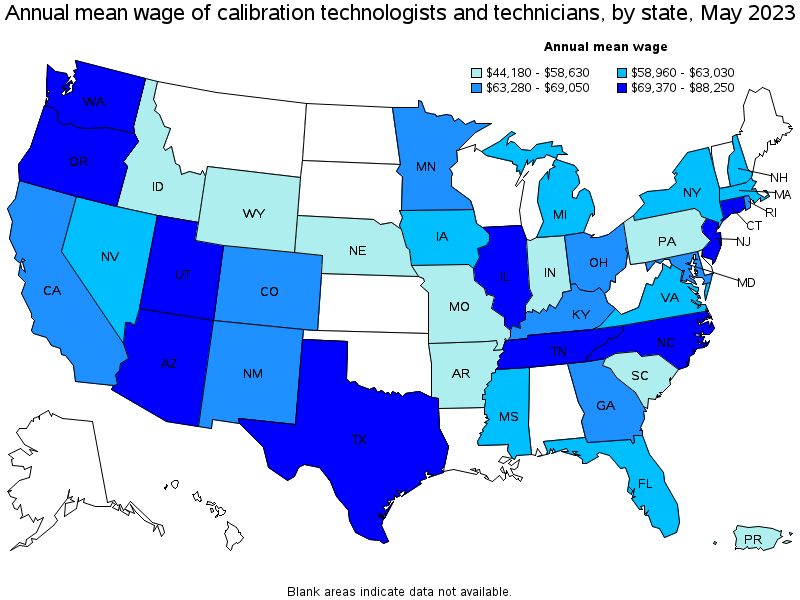 Map of annual mean wages of calibration technologists and technicians by state, May 2021