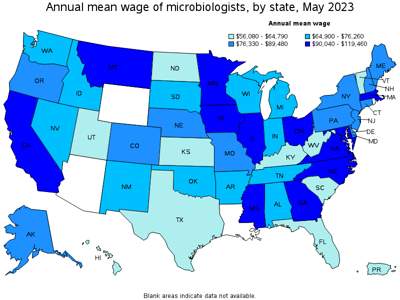 Map of annual mean wages of microbiologists by state, May 2022