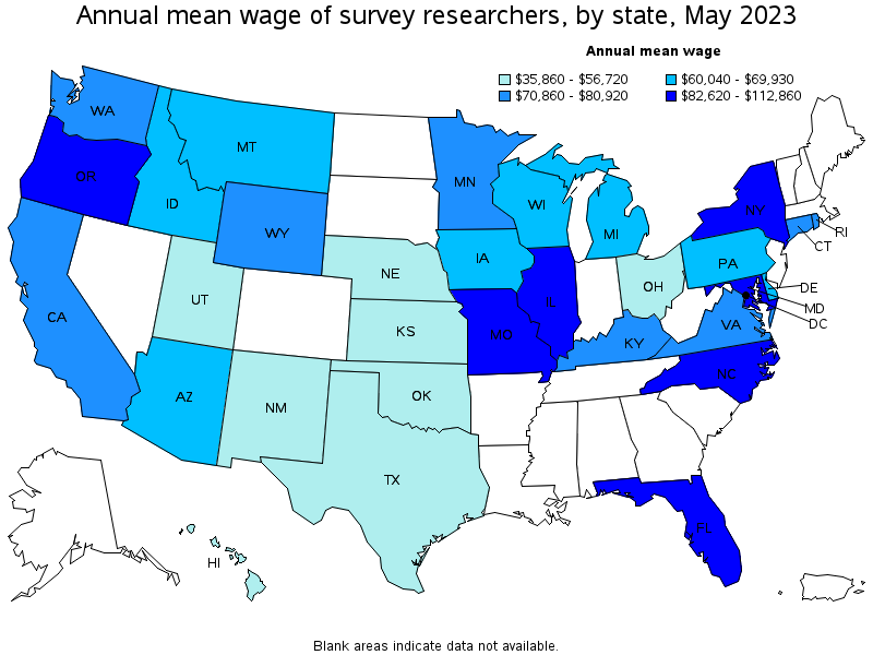 Map of annual mean wages of survey researchers by state, May 2021