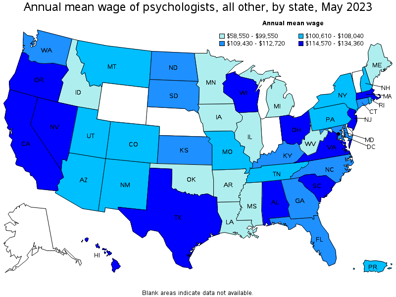 Map of annual mean wages of psychologists, all other by state, May 2022