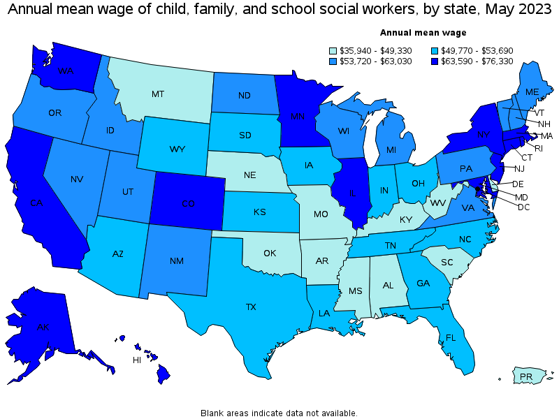 Map of annual mean wages of child, family, and school social workers by state, May 2022