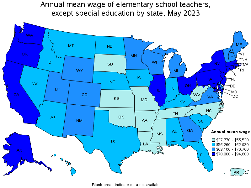 Map of annual mean wages of elementary school teachers, except special education by state, May 2021