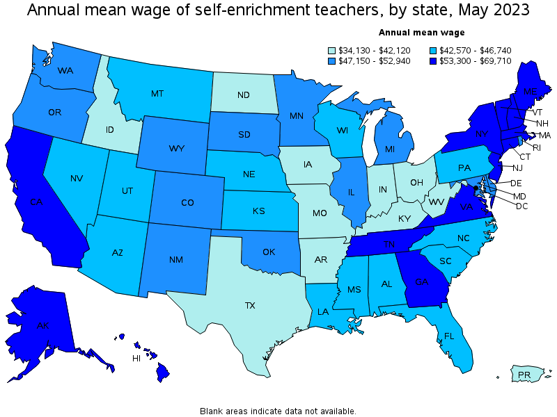 Map of annual mean wages of self-enrichment teachers by state, May 2022