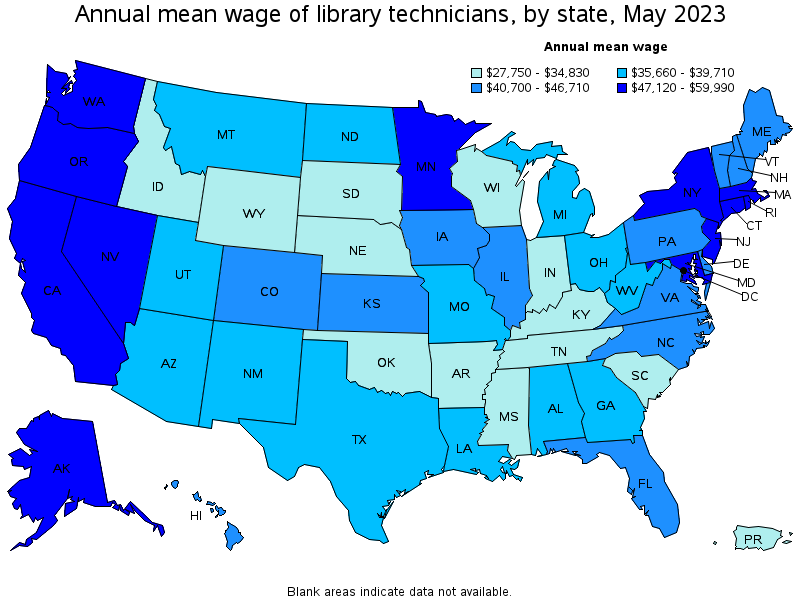 Map of annual mean wages of library technicians by state, May 2022