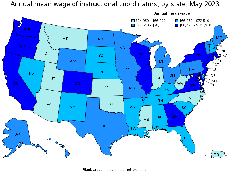 Map of annual mean wages of instructional coordinators by state, May 2022