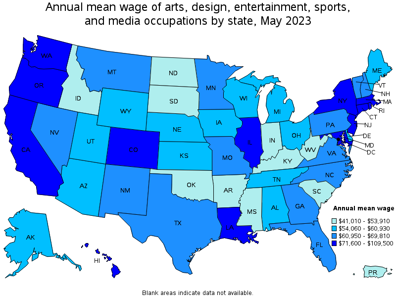 Map of annual mean wages of arts, design, entertainment, sports, and media occupations by state, May 2021