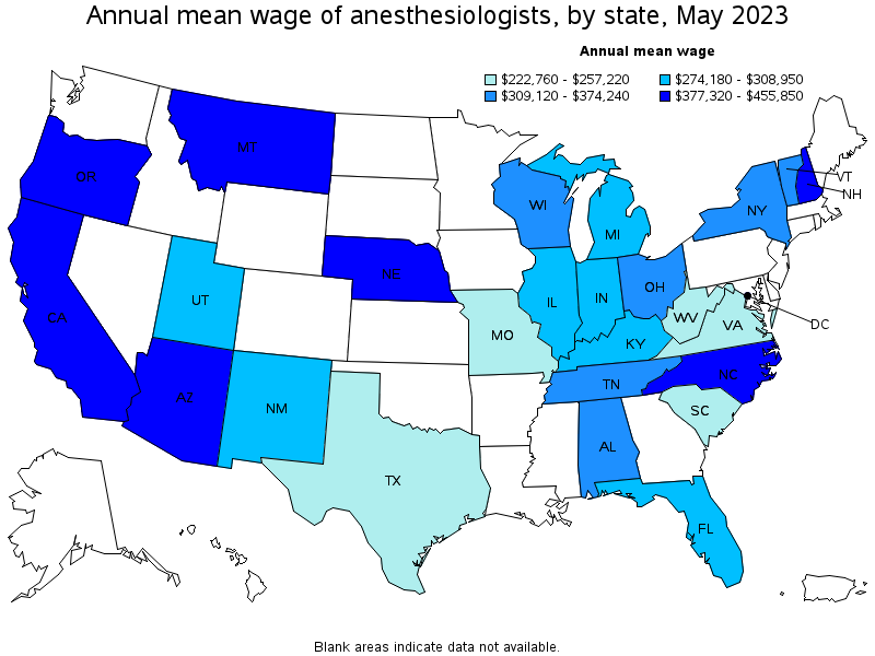 Map of annual mean wages of anesthesiologists by state, May 2021