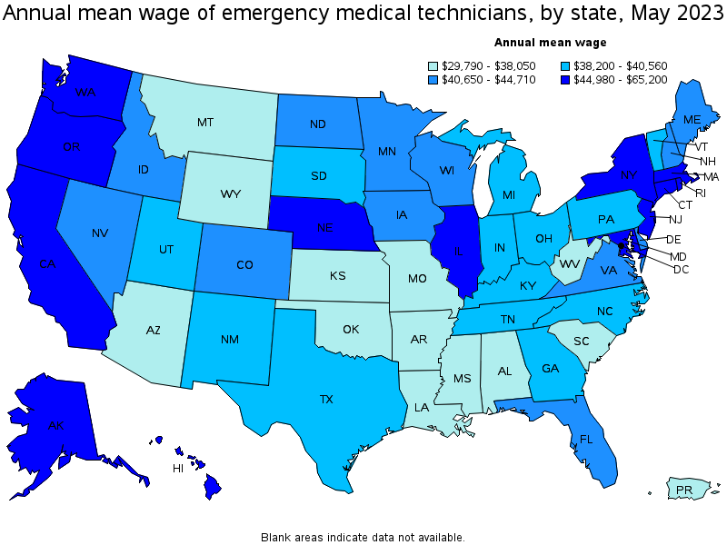 Map of annual mean wages of emergency medical technicians by state, May 2021