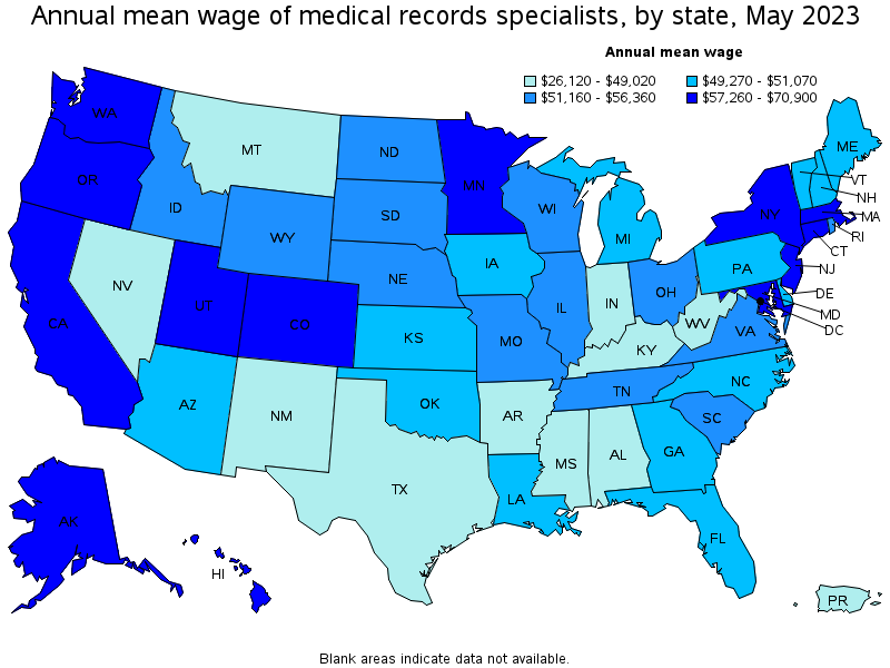 Map of annual mean wages of medical records specialists by state, May 2021