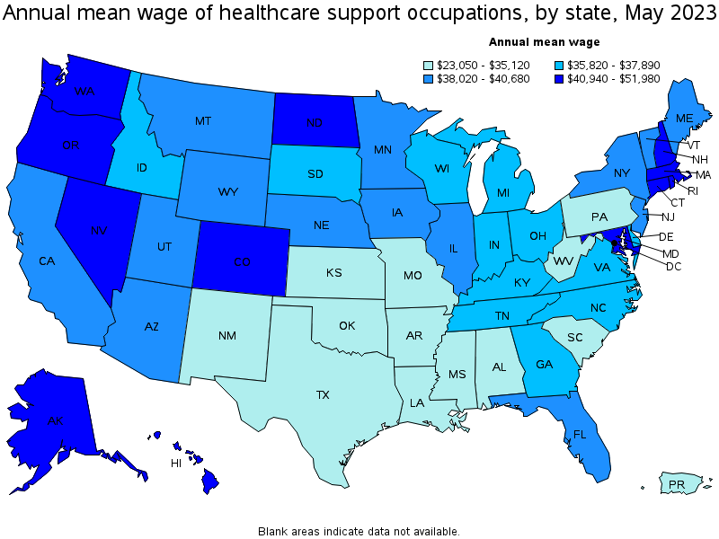 Map of annual mean wages of healthcare support occupations by state, May 2022