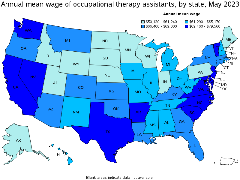 Map of annual mean wages of occupational therapy assistants by state, May 2021