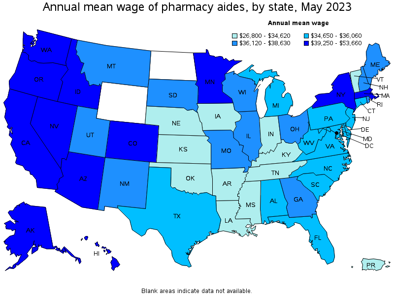 Map of annual mean wages of pharmacy aides by state, May 2021
